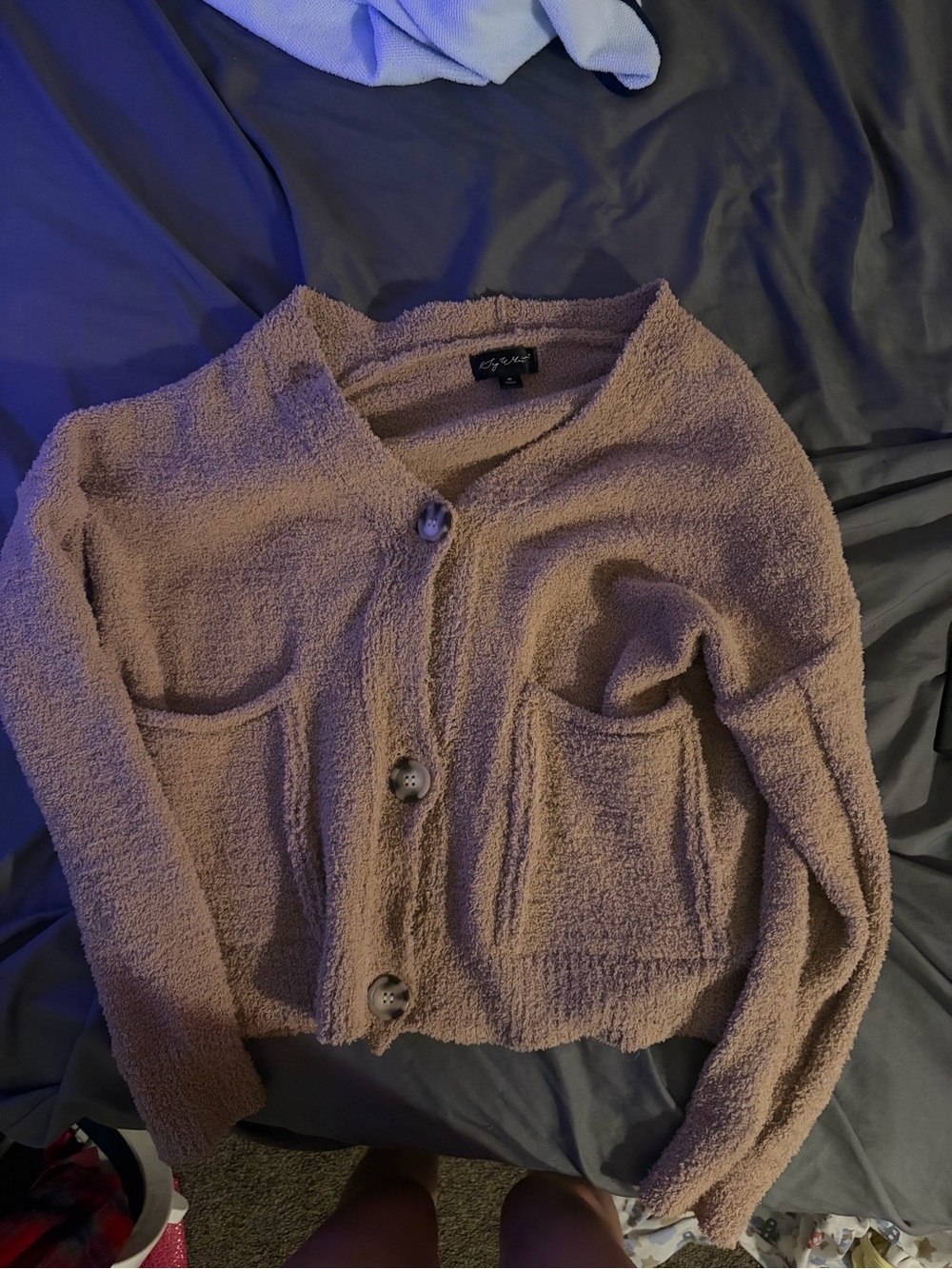 Say What? Taupe Bouclé Button-Front Cardigan